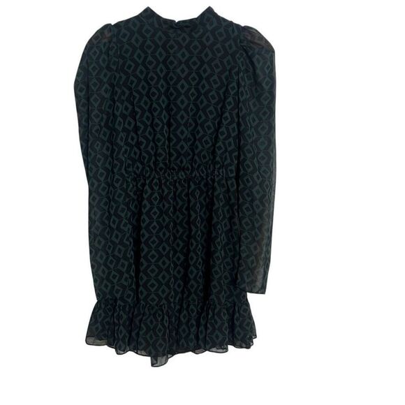 Zara Geometric Mock Neck Sheer Long Sleeve Mini Dress Green Black Size Small - Picture 1 of 9